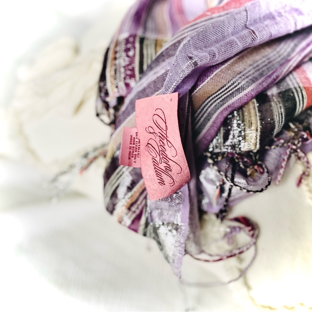 THEODORA & CALLUM | OS | Multi Monaco Metallic Purple Silver Fringe Stripe Scarf